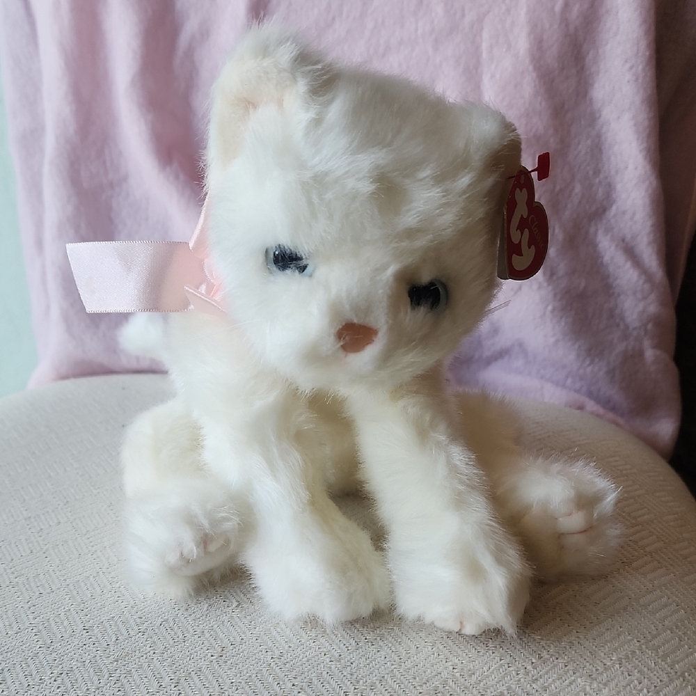 Ty Classic Name: Isis White Plush Cat with Pink Bow